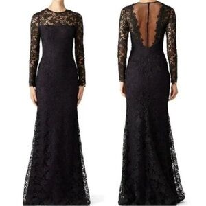 ML Monique Lhuillier Lace Tower Dress Sheer Back Lace Over purple underlay 4long